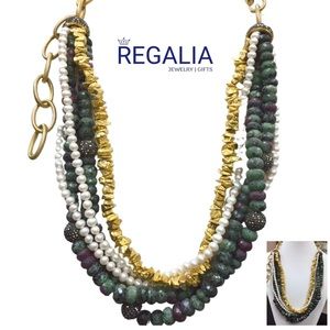 ✨Statement Handmade Multi-Layered Necklace, Green Ruby, Pearls & 18k
Gold Pyrite